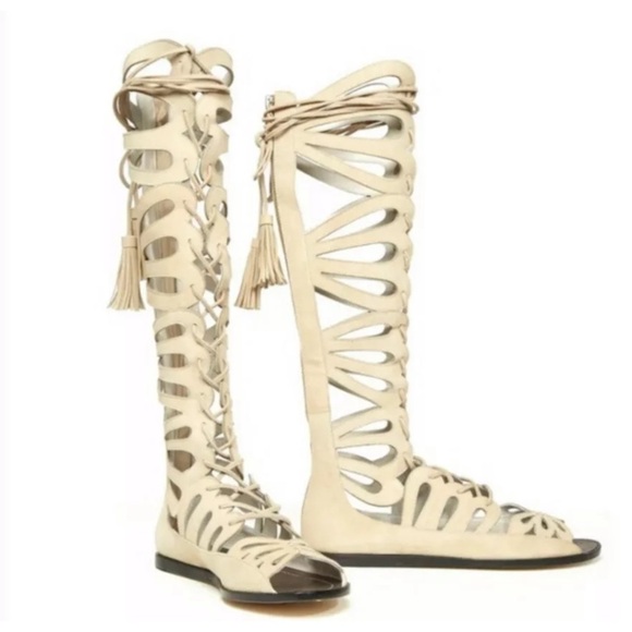 Alice & Olivia Ivory Suede Lace Up Tall Sandals Size 38 - Picture 1 of 9